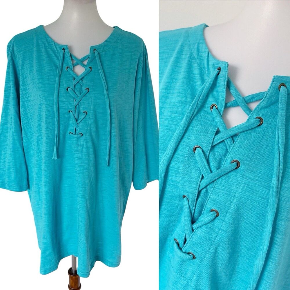 Woman Within Lace Up Modesty Panel 3/4 Sleeve Tee Shirt Top Blouse Cotton M Med